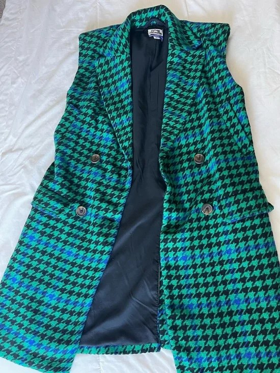 Kahlana Barfield Brown- Green & Blue Houndstooth Sleeveless Blazer Vest - Picture 2 of 6